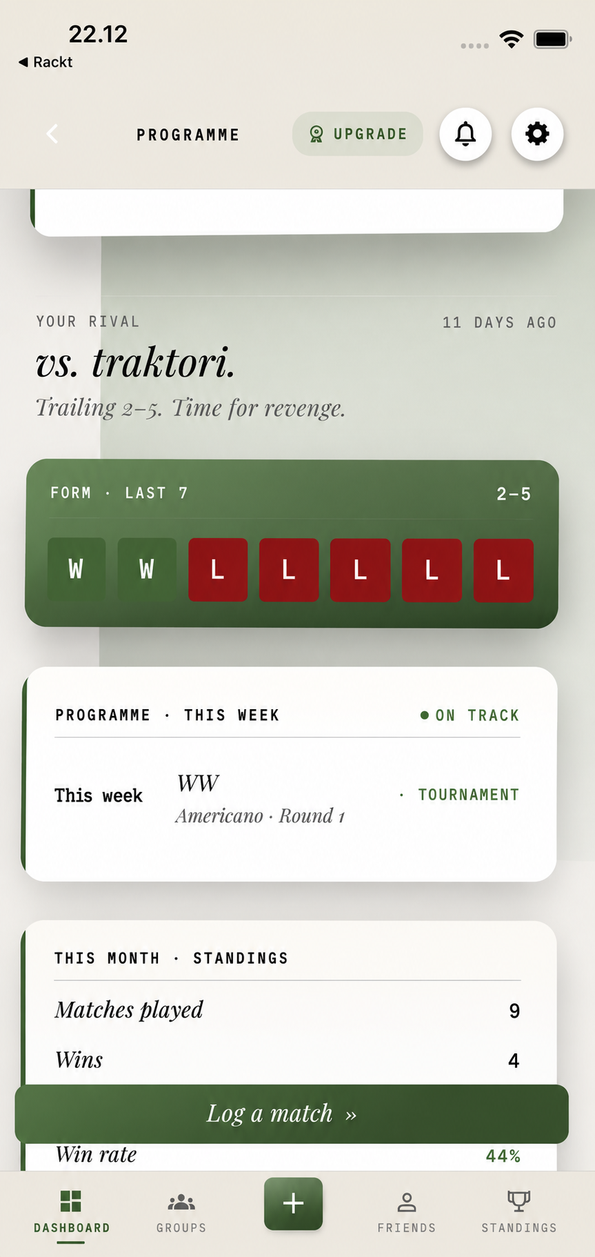 Rackt dashboard showing rival form and weekly tennis programme