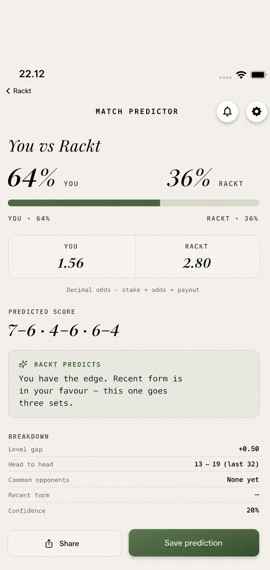 Rackt Predictor screen