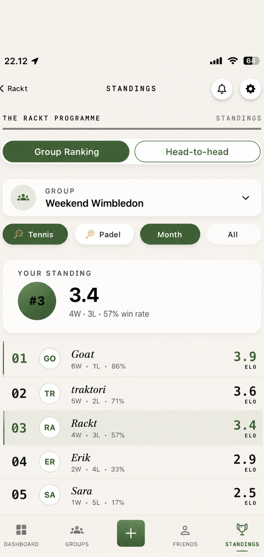 Rackt Standings screen