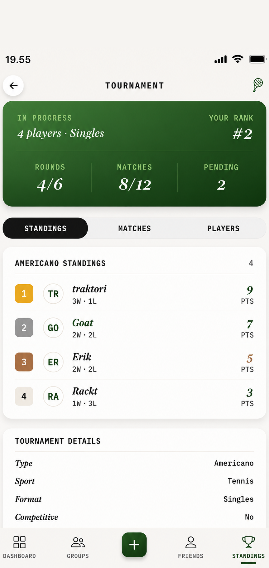 Rackt Tournaments screen